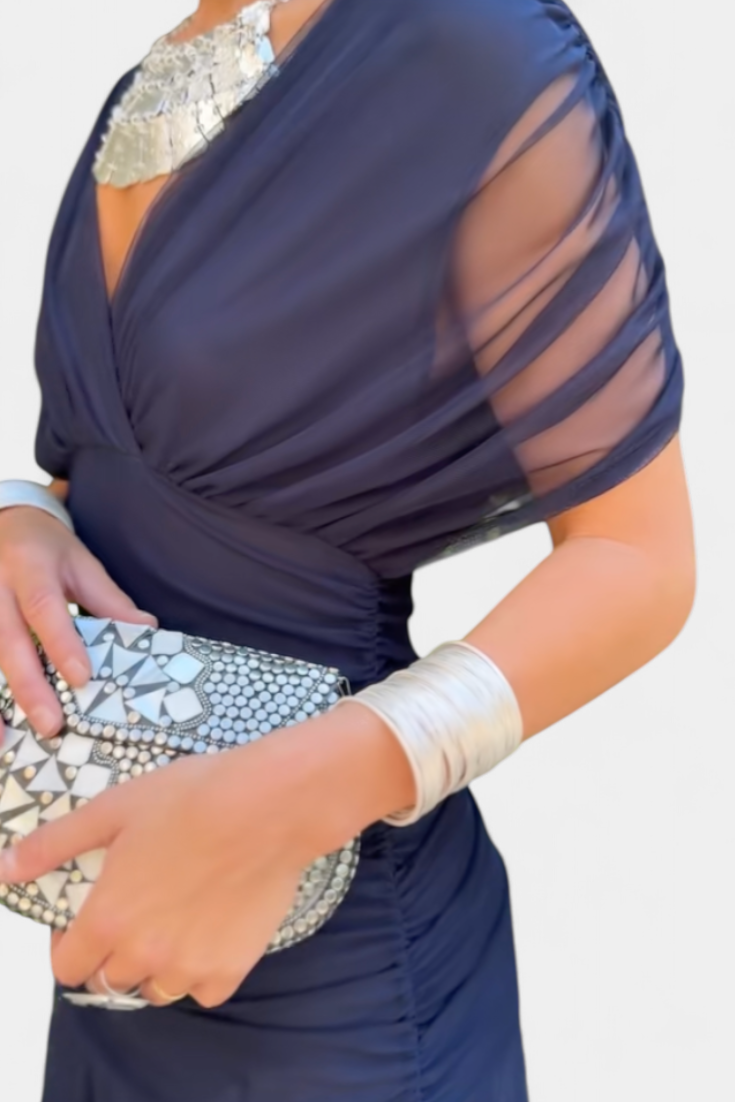 Women's Off-The-Shoulder Ruched Midi Dress - Pleated Skirt and Mesh Detail