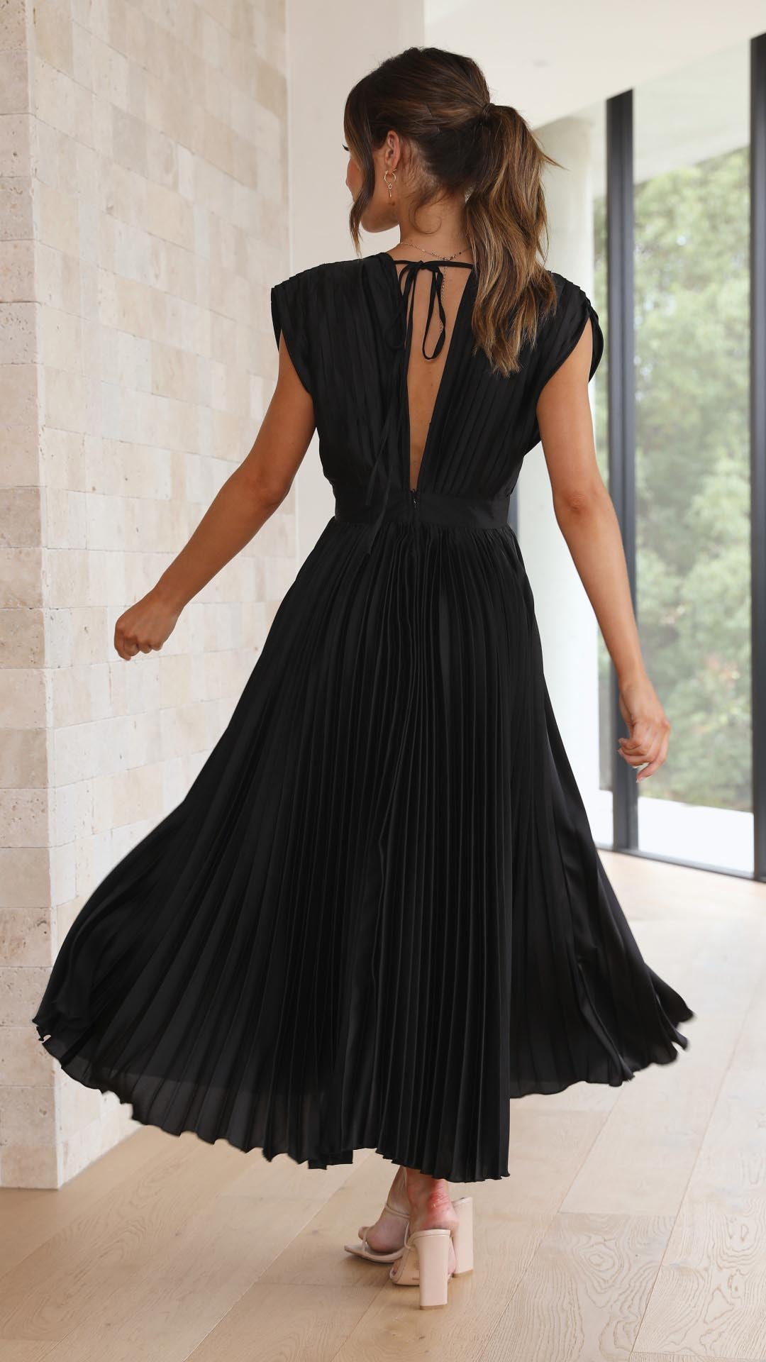 Women's Pleated Midi Dress Plunging V Neck Cap Sleeve Accordion Fold Gown
