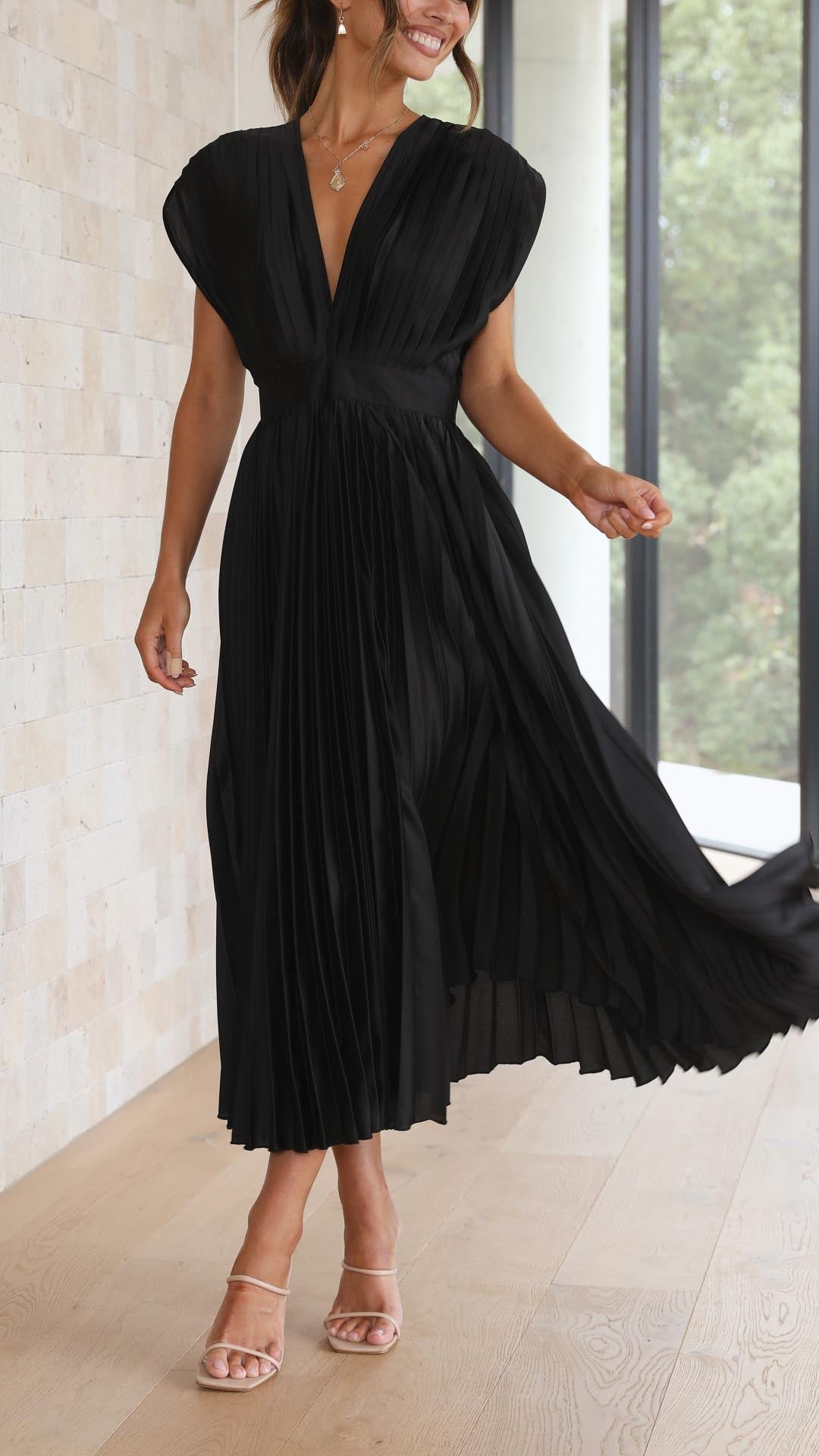 Women's Pleated Midi Dress Plunging V Neck Cap Sleeve Accordion Fold Gown