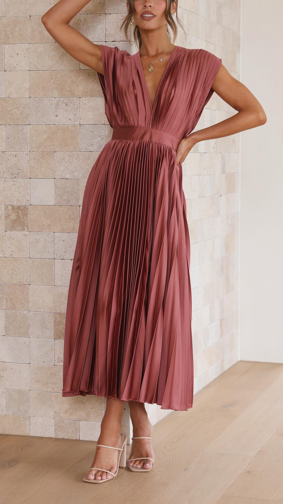 Women's Pleated Midi Dress Plunging V Neck Cap Sleeve Accordion Fold Gown