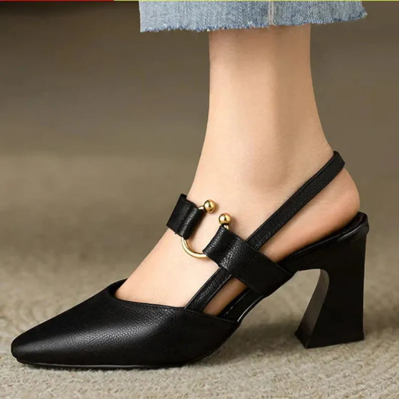 Women's Pointed Toe Slingback Heels - Flared Block Heel and Gold Ring Detail