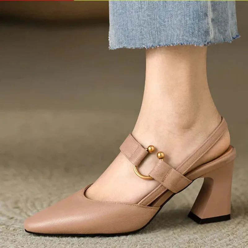Women's Pointed Toe Slingback Heels - Flared Block Heel and Gold Ring Detail