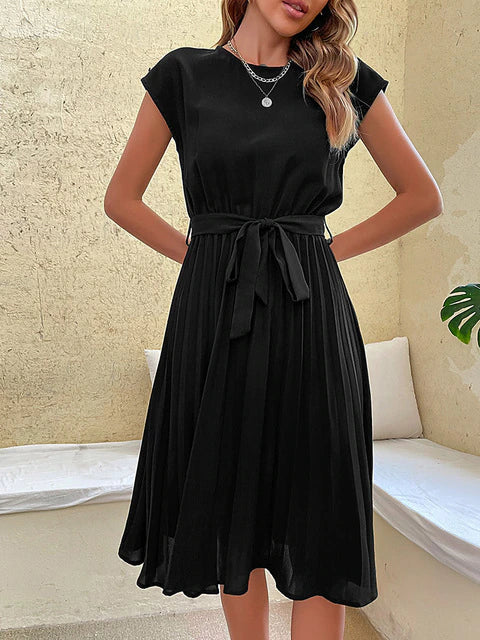 Women's Relaxed Fit Tie Waist Midi Dress - Pleated Skirt Style