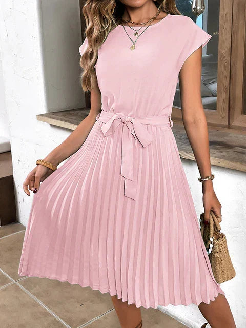 Women's Relaxed Fit Tie Waist Midi Dress - Pleated Skirt Style