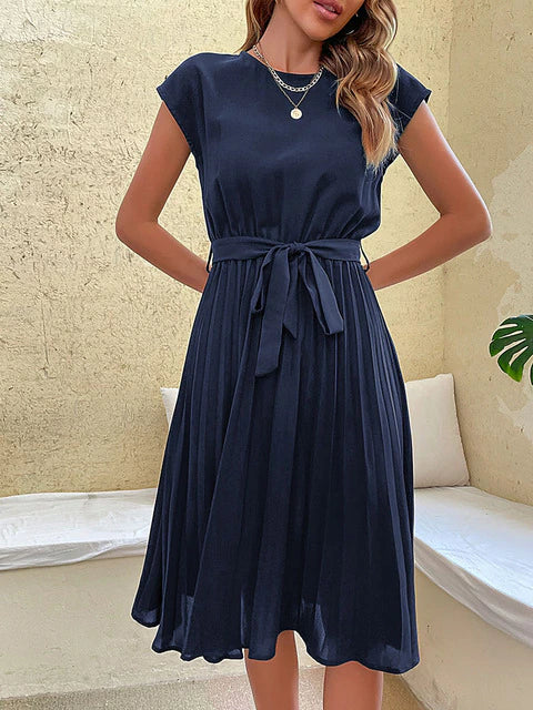 Women's Relaxed Fit Tie Waist Midi Dress - Pleated Skirt Style
