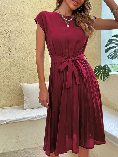 Women's Relaxed Fit Tie Waist Midi Dress - Pleated Skirt Style