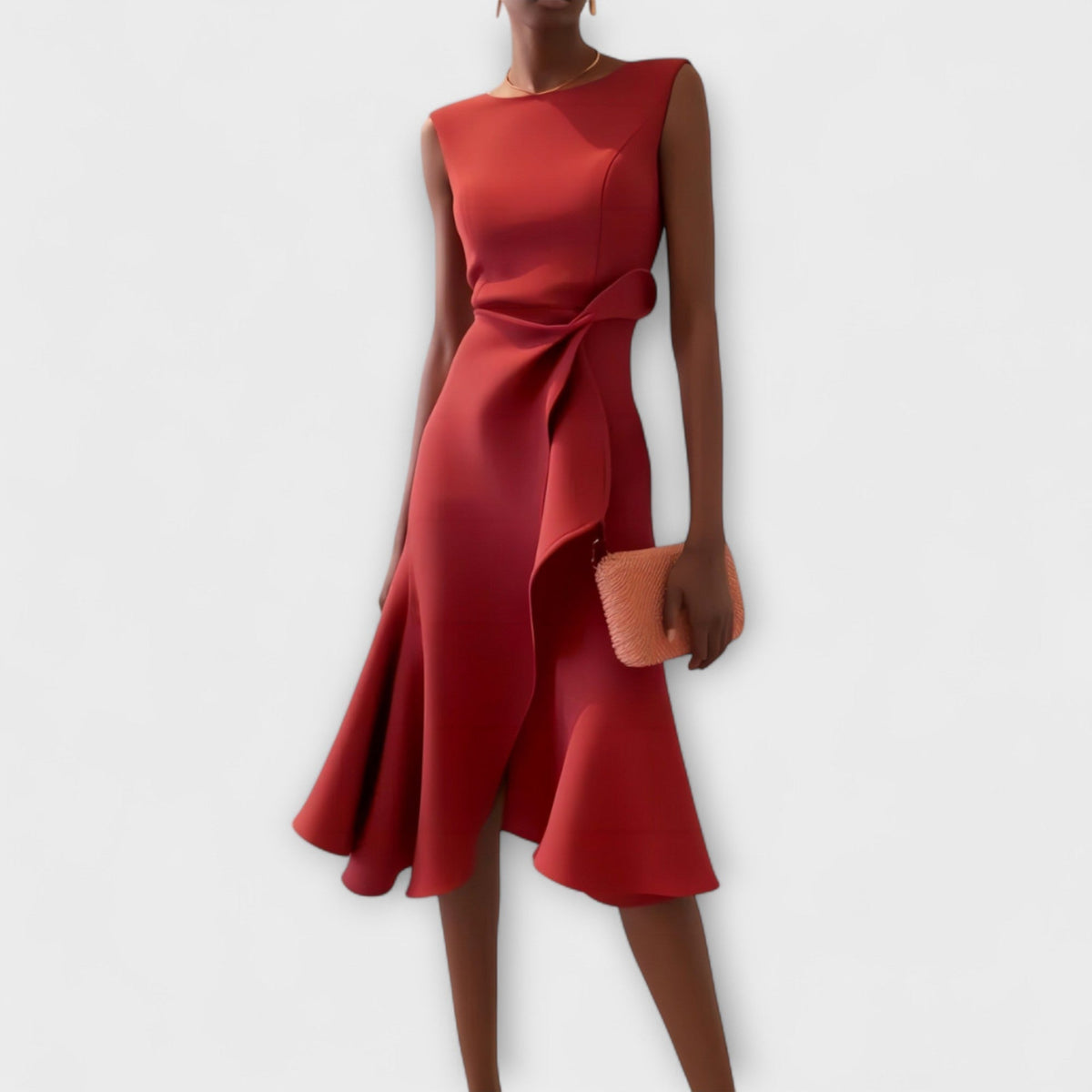 Women's Ruffle-Front Flute Hem Midi Dress - Pleated and Tailored Detail