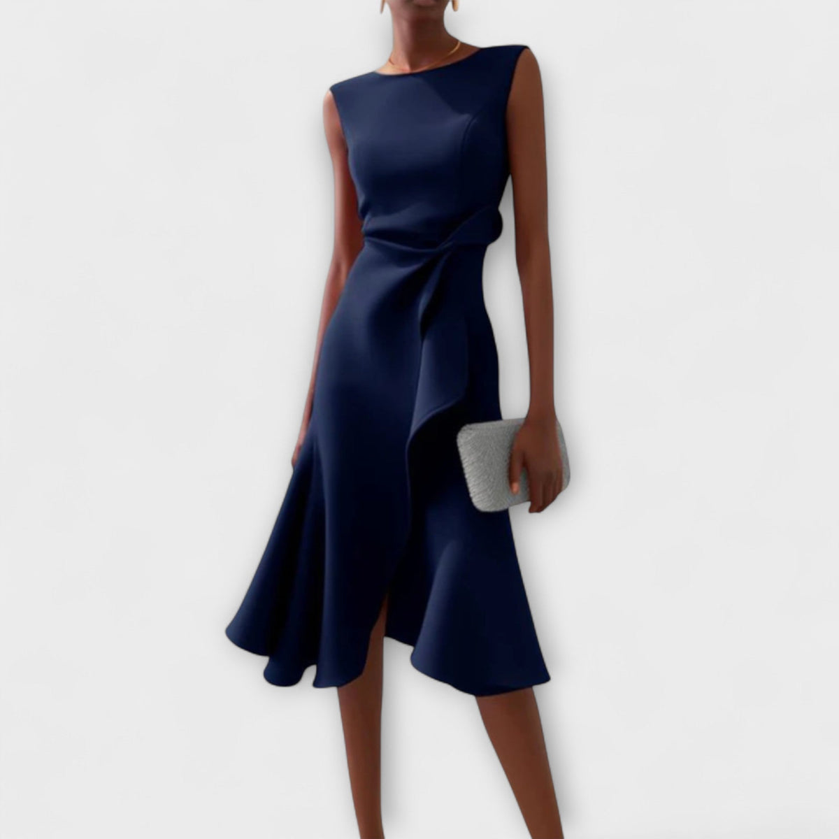 Women's Ruffle-Front Flute Hem Midi Dress - Pleated and Tailored Detail