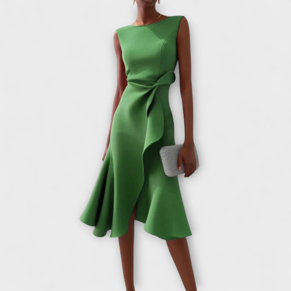 Women's Ruffle-Front Flute Hem Midi Dress - Pleated and Tailored Detail