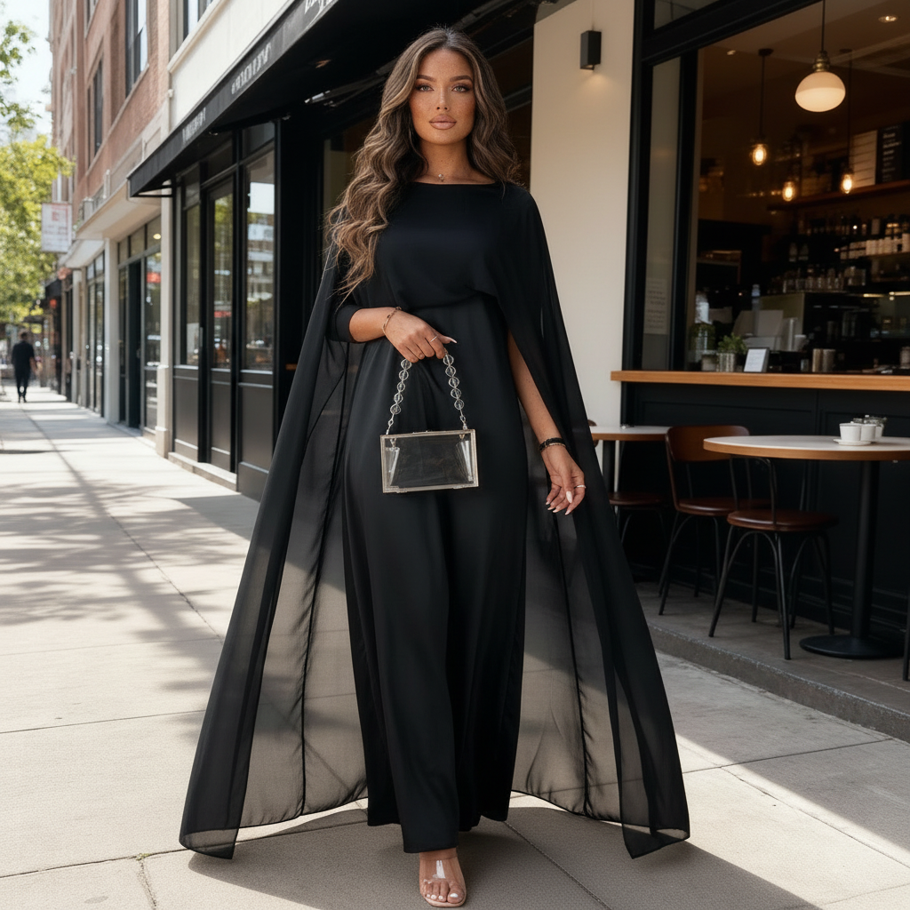 Women's Satin Cape Maxi Dress - Boat Neck and Flowing Overlay