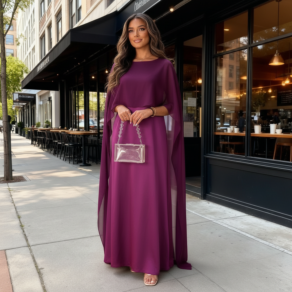 Women's Satin Cape Maxi Dress - Boat Neck and Flowing Overlay