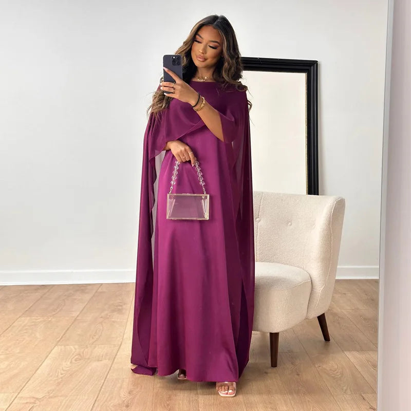 Women's Satin Cape Maxi Dress - Boat Neck and Flowing Overlay