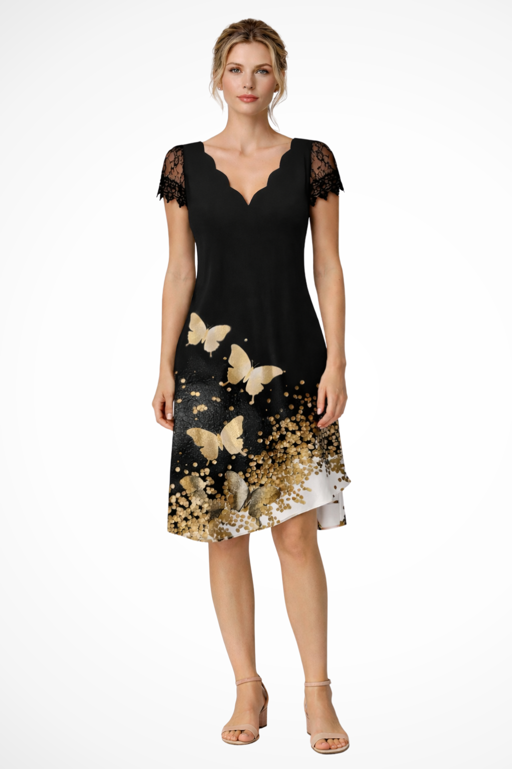 Women's Scalloped V-Neck Mini Dress - Short Lace Sleeves and A-Line Silhouette