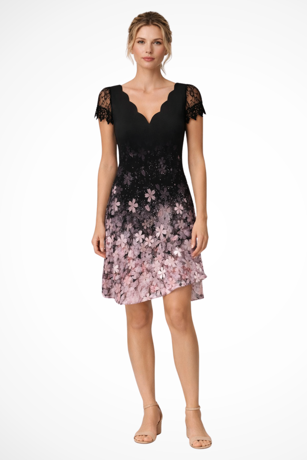 Women's Scalloped V-Neck Mini Dress - Short Lace Sleeves and A-Line Silhouette