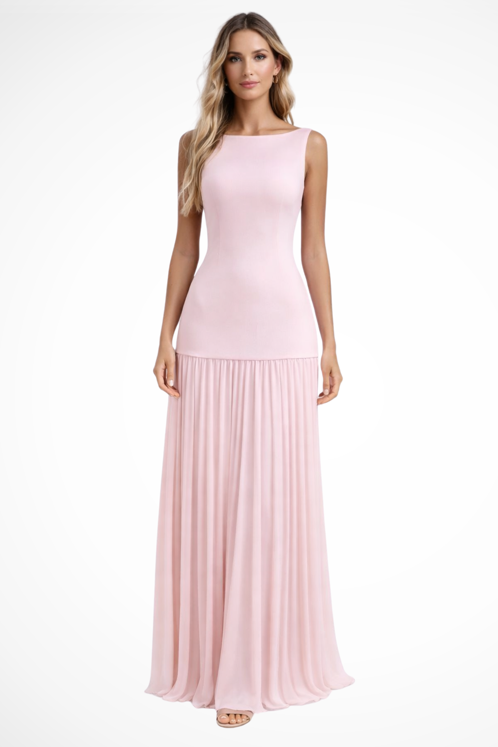 Women's Sleeveless Wedding Guest Maxi Dress - Boat Neck and Pleated Skirt