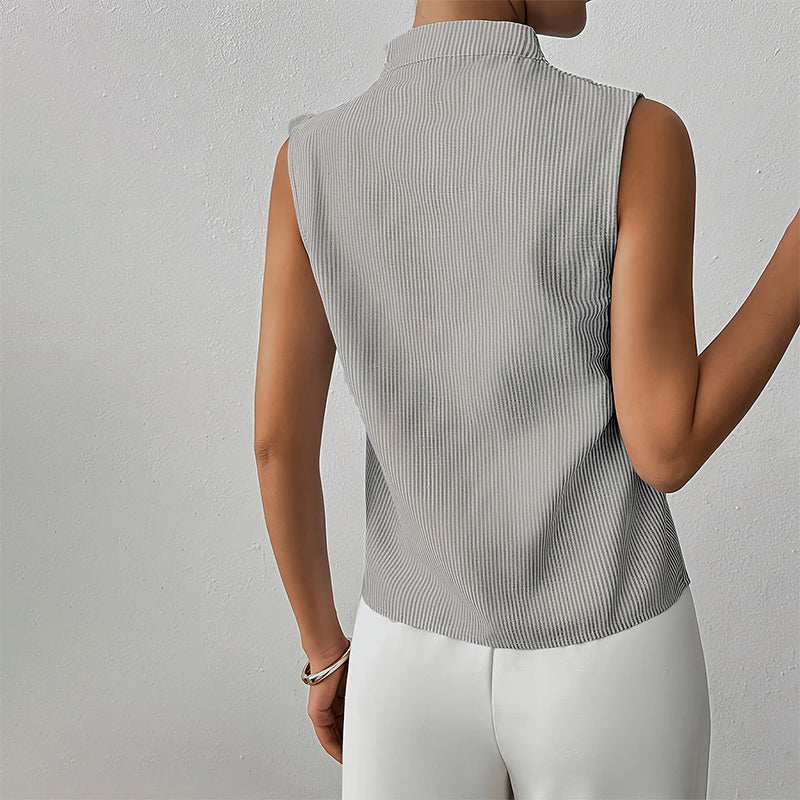 Women's Sleeveless Stand Collar Top - Striped Pattern Style