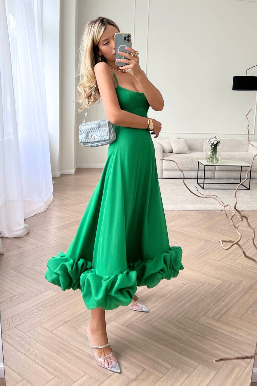 Women's Spaghetti Strap High-Waist Midi Dress - Ruffled Hem Style