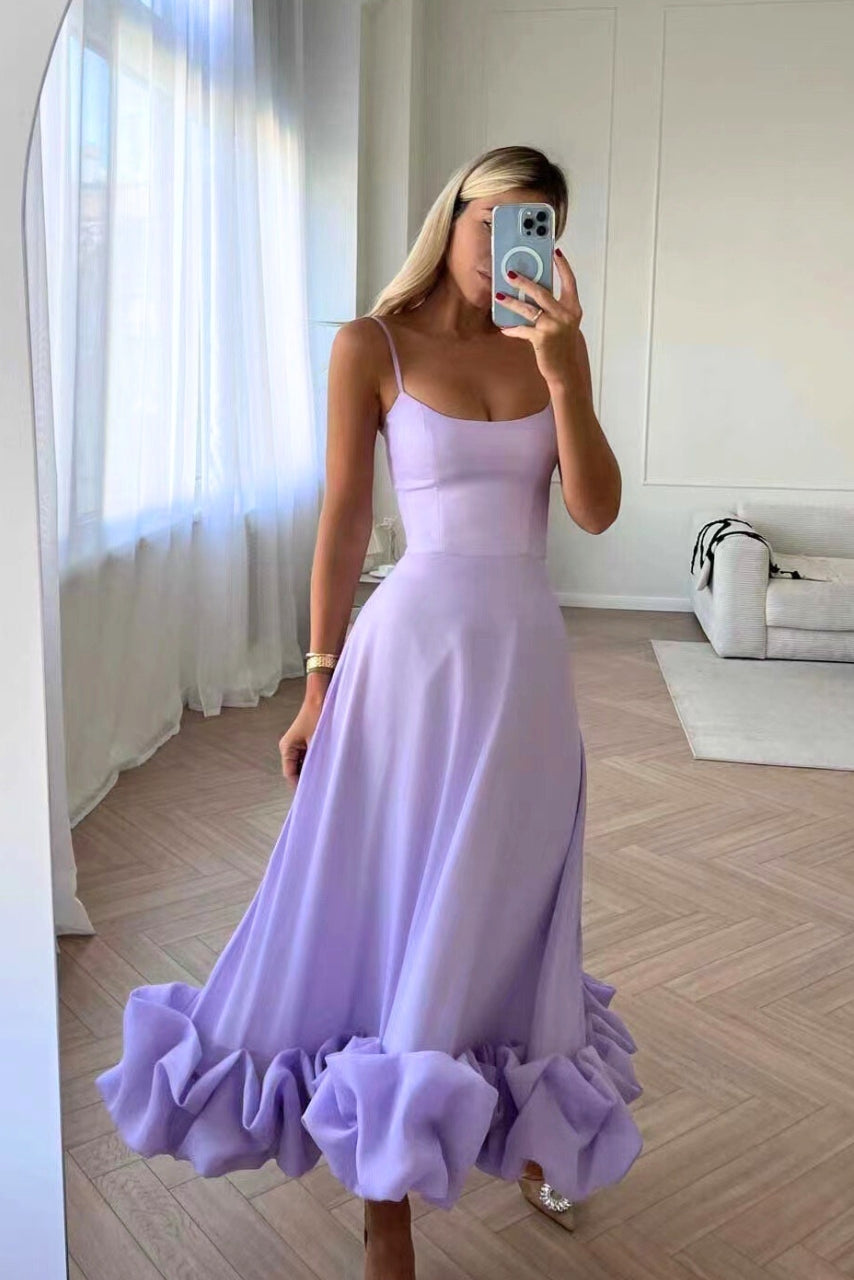 Women's Spaghetti Strap High-Waist Midi Dress - Ruffled Hem Style
