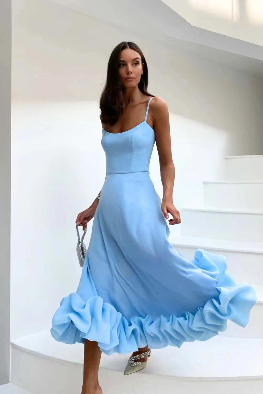 Women's Spaghetti Strap High-Waist Midi Dress - Ruffled Hem Style