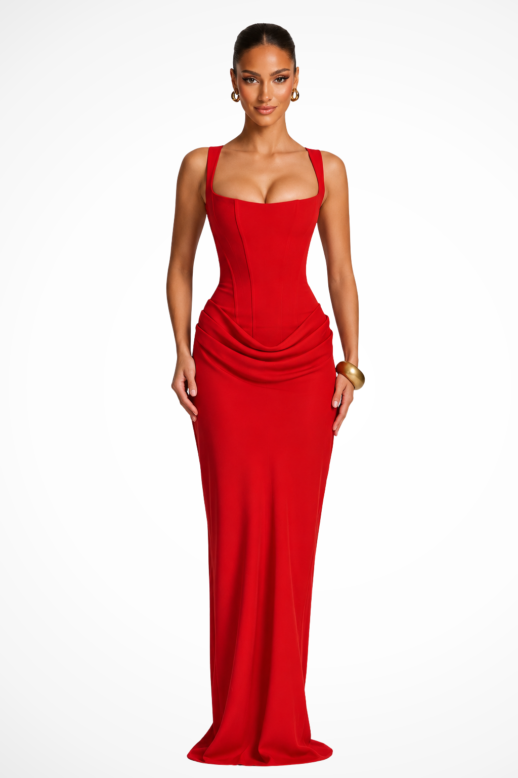 Women's Square Neck Corset Maxi Dress Draped Detail and Structured Bodice