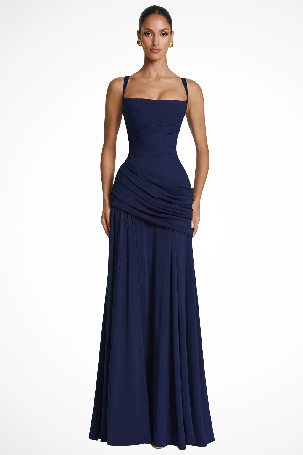 Women's Square Neck Maxi Dress - Ruched Bodice and Draped Skirt Detail