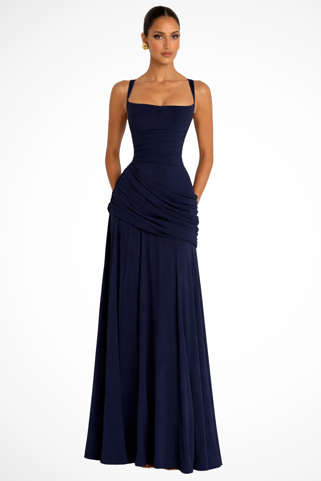 Women's Square Neck Maxi Dress - Ruched Bodice and Draped Skirt Detail