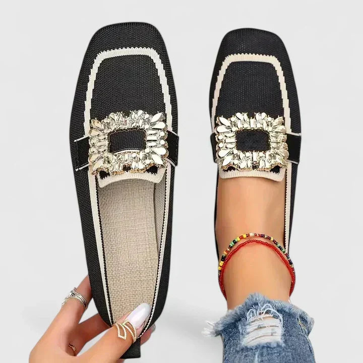 Women's Square Toe Knitted Flats - Jewelled Buckle Detail and Contrast Trim