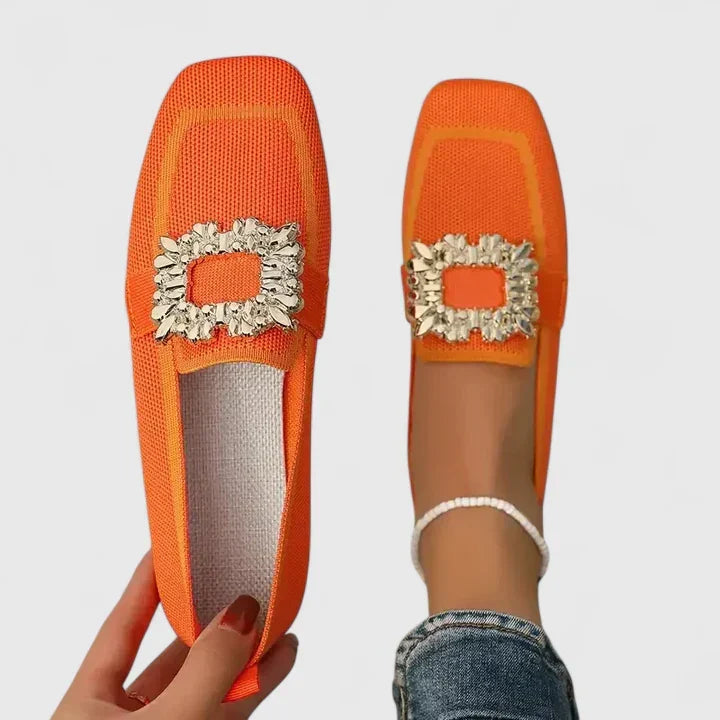 Women's Square Toe Knitted Flats - Jewelled Buckle Detail and Contrast Trim