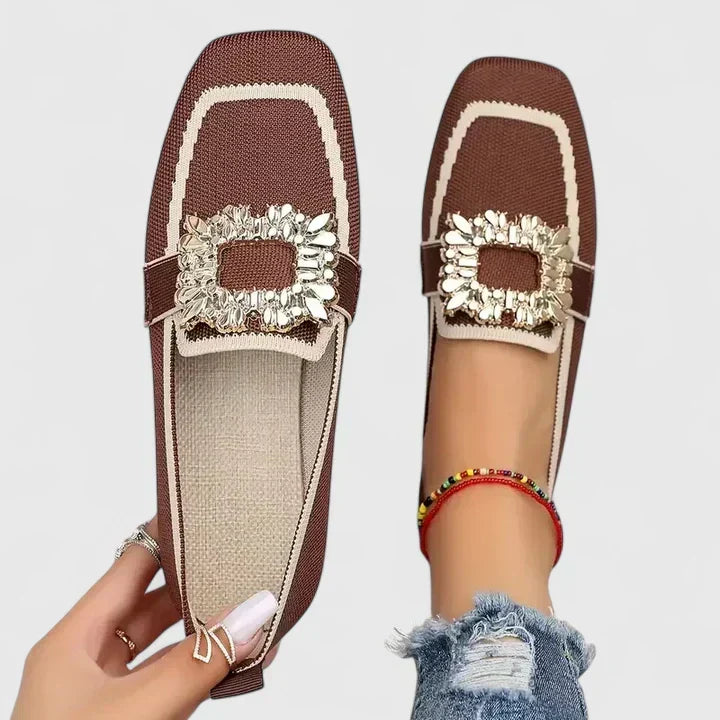 Women's Square Toe Knitted Flats - Jewelled Buckle Detail and Contrast Trim