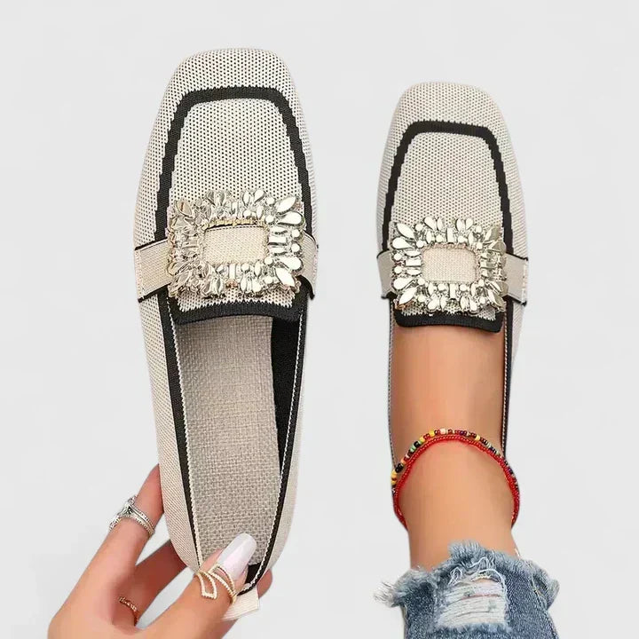 Women's Square Toe Knitted Flats - Jewelled Buckle Detail and Contrast Trim