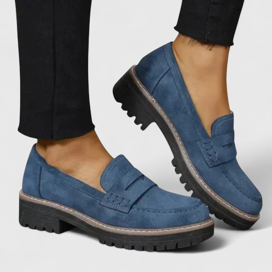Women’s Suede Penny Loafers - Chunky Lug Sole and Saddle Detail
