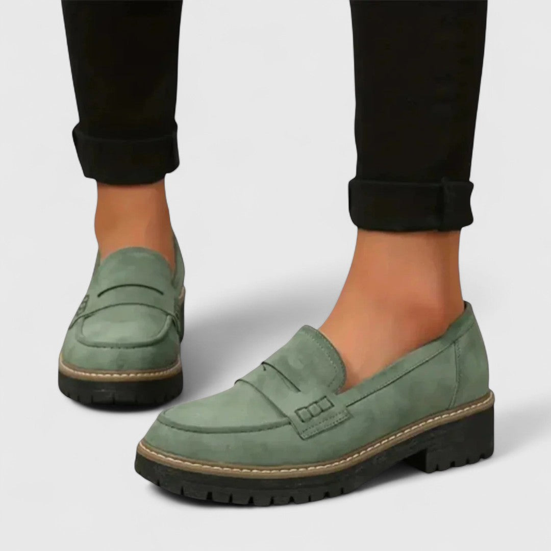 Women’s Suede Penny Loafers - Chunky Lug Sole and Saddle Detail