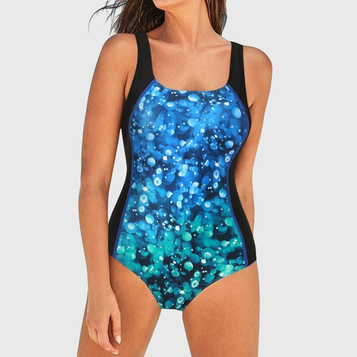 Women's Swimsuit - Multi-Pattern Print and Athletic Square Neck Detail