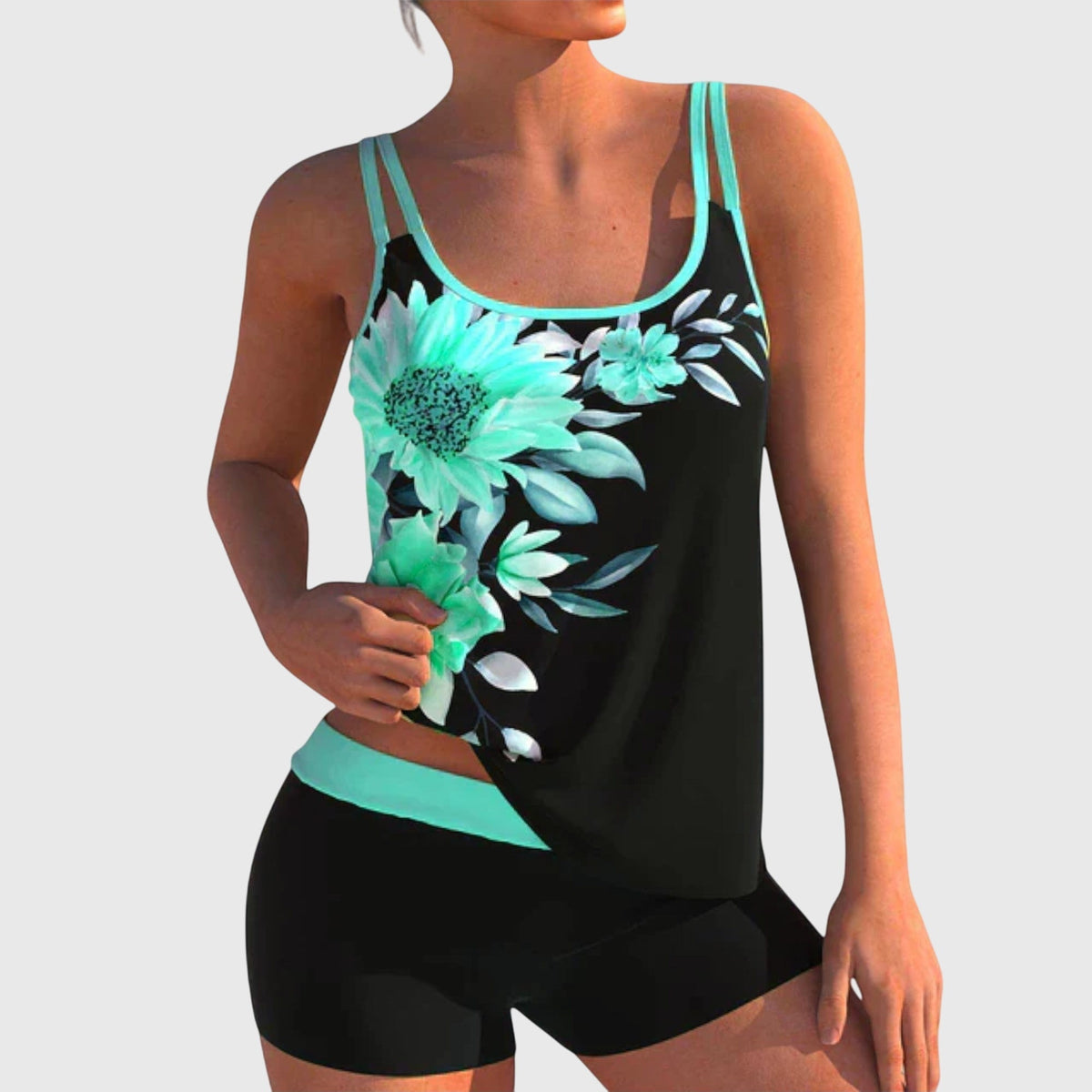 Women's Tankini Set - Floral Placement Print and Contrast Trim Boy Shorts Detail