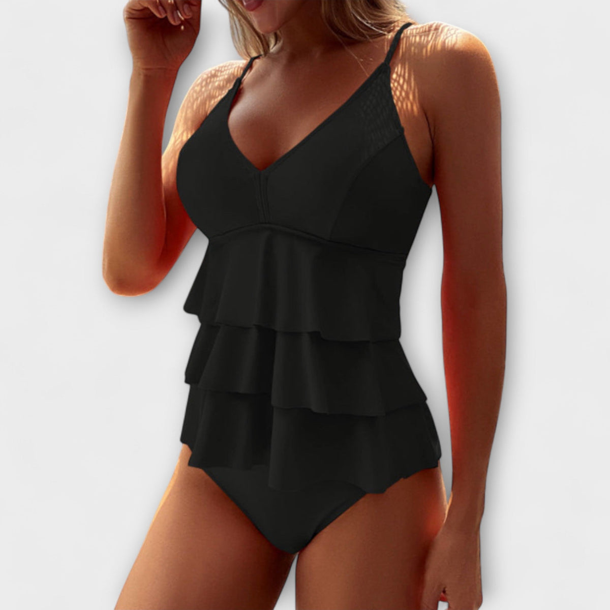 Women's Tankini Set - Triple Tier Ruffle Top and High-Waist Brief Detail