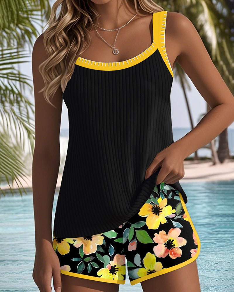 Women's Tankini Swimsuit Flattering Swimwear Set Tummy Control Ribbed Top Shorts