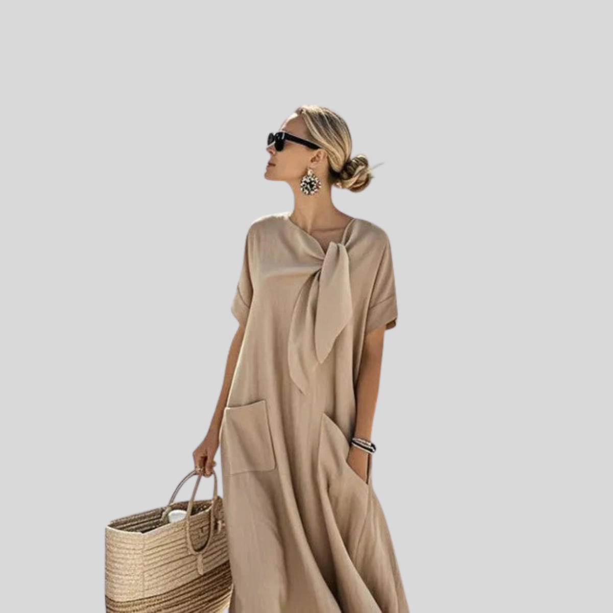 Women's Tie-Neck Loose Fit Linen Maxi Dress - Symmetrical Front Pockets and Rolled Short Sleeves
