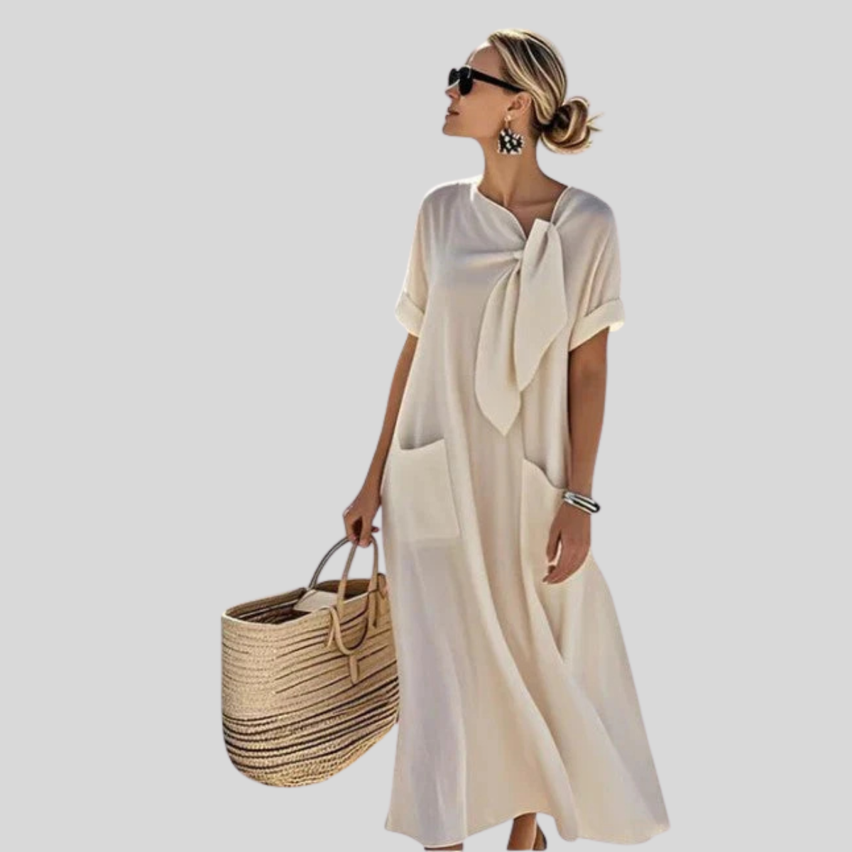 Women's Tie-Neck Loose Fit Linen Maxi Dress - Symmetrical Front Pockets and Rolled Short Sleeves