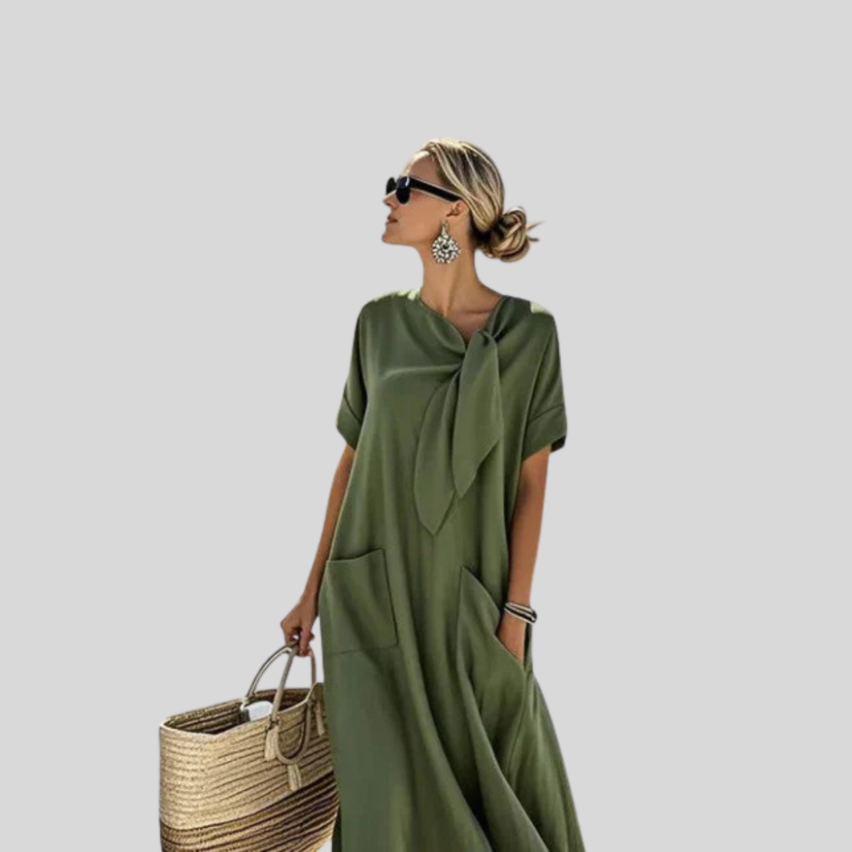 Women's Tie-Neck Loose Fit Linen Maxi Dress - Symmetrical Front Pockets and Rolled Short Sleeves