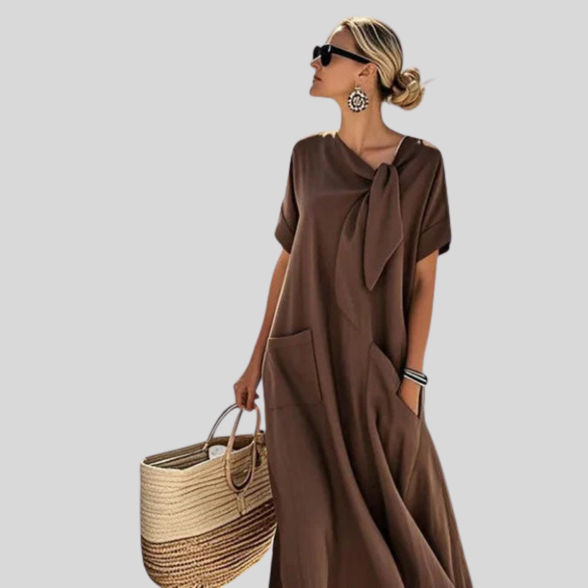Women's Tie-Neck Loose Fit Linen Maxi Dress - Symmetrical Front Pockets and Rolled Short Sleeves