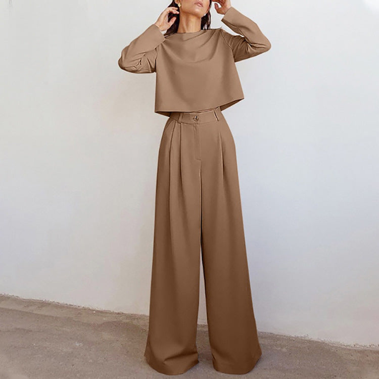 Women's Two-Piece Trouser Set - Long Sleeve Crop Top and Wide Leg Detail