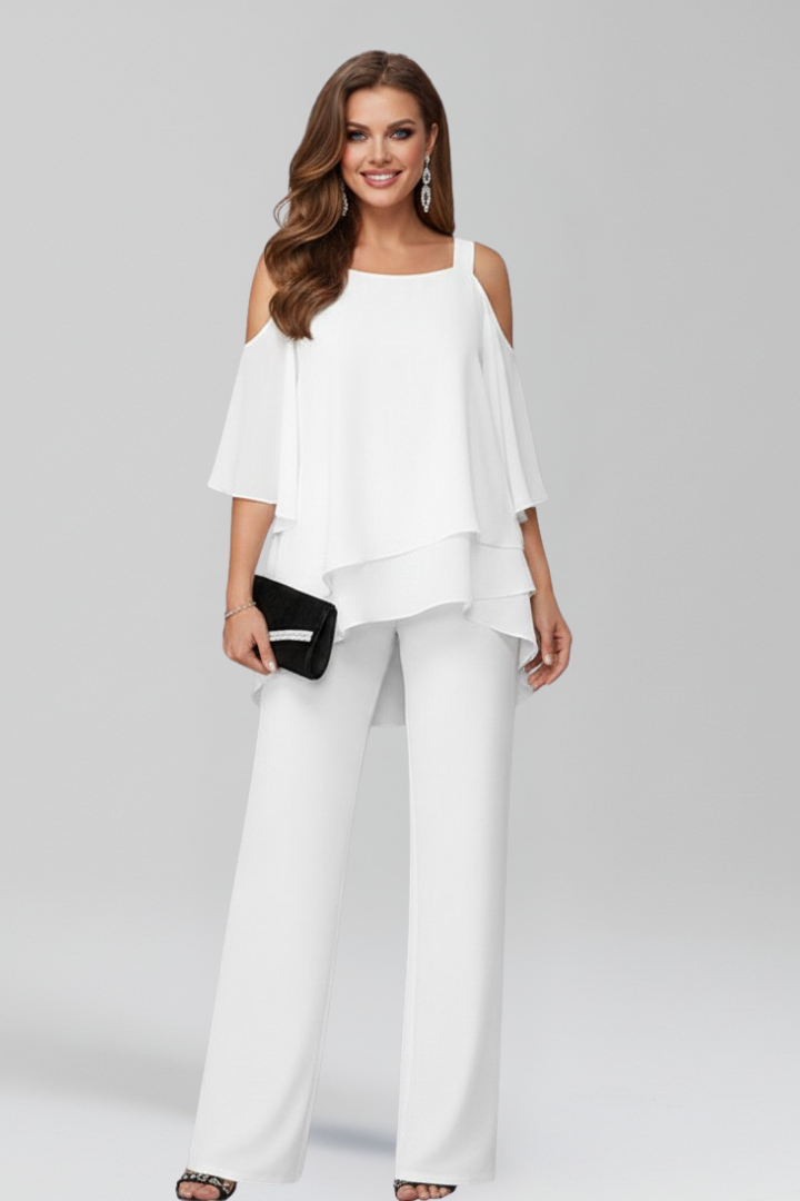 Women's Two-Piece Trouser Set - Layered Asymmetrical Top and Straight Leg Detail