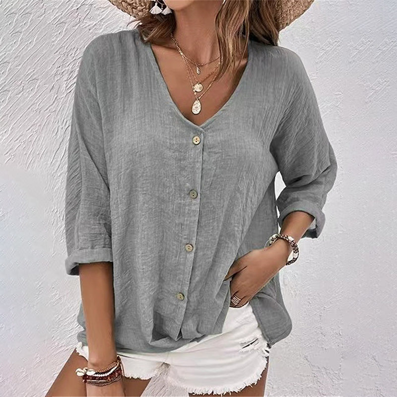 Women V-Neck 3/4 Sleeve Blouse Crinkled Textured Top