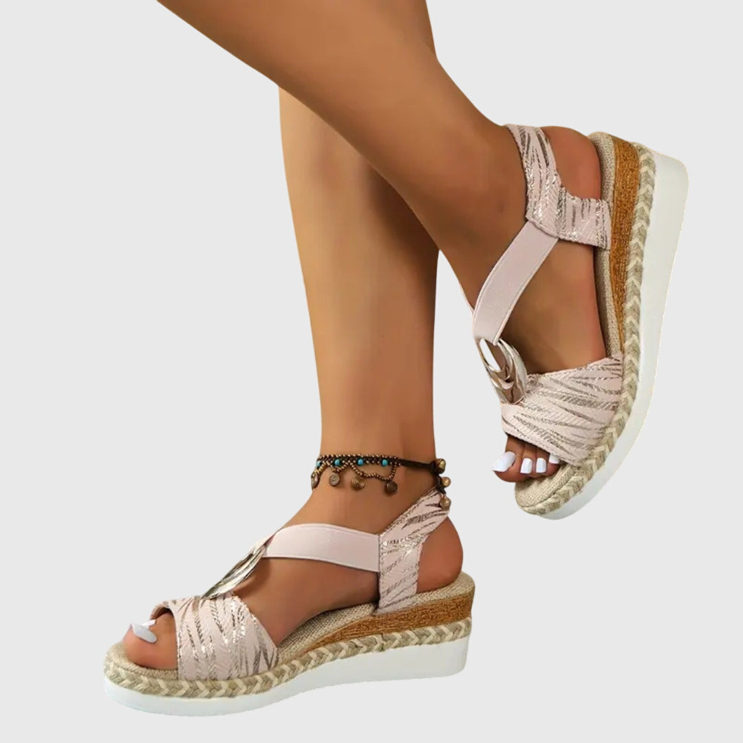 Women's Wedge Sandals - Slingback Elasticated Strap and Espadrille Sole Detail