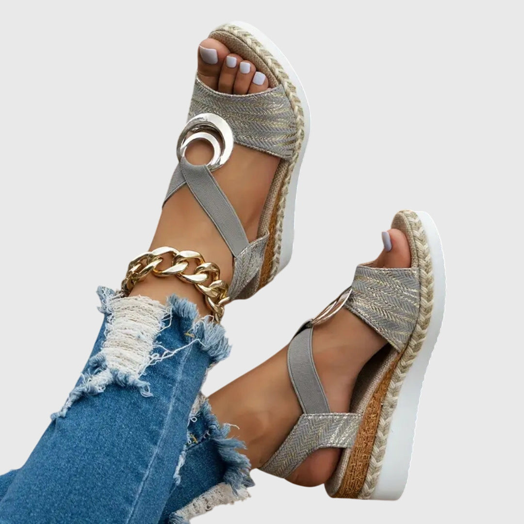 Women's Wedge Sandals - Slingback Elasticated Strap and Espadrille Sole Detail