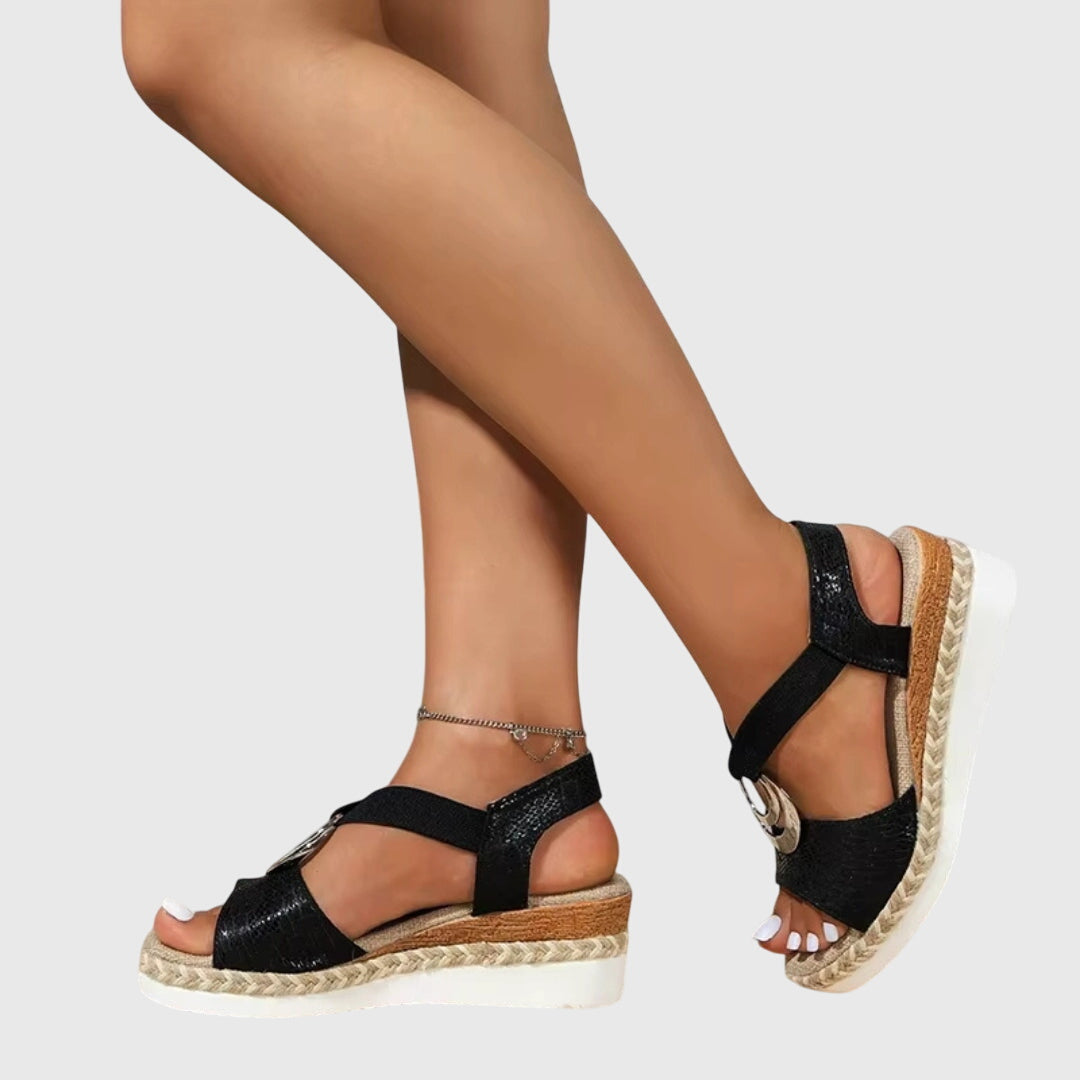 Women's Wedge Sandals - Slingback Elasticated Strap and Espadrille Sole Detail