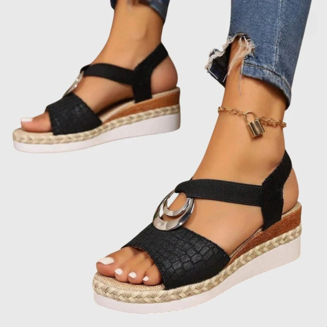 Women's Wedge Sandals - Slingback Elasticated Strap and Espadrille Sole Detail