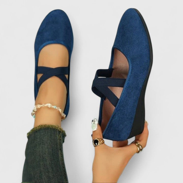 Women's Wedge Shoes - Cross Strap and Flat Sole Detail