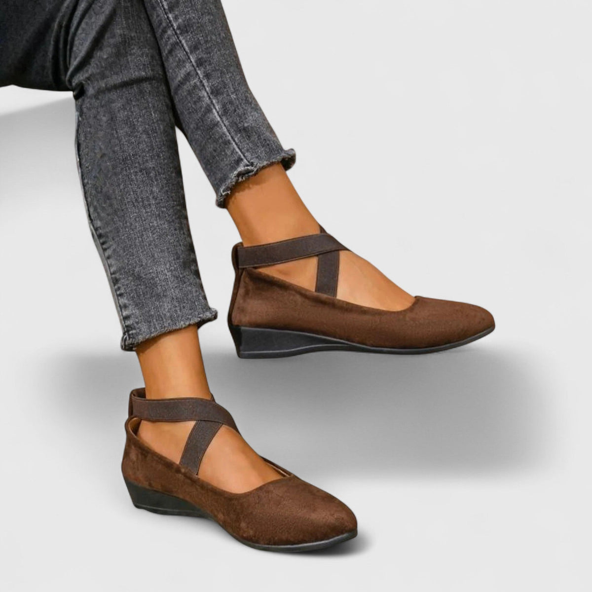 Women's Wedge Shoes - Cross Strap and Flat Sole Detail