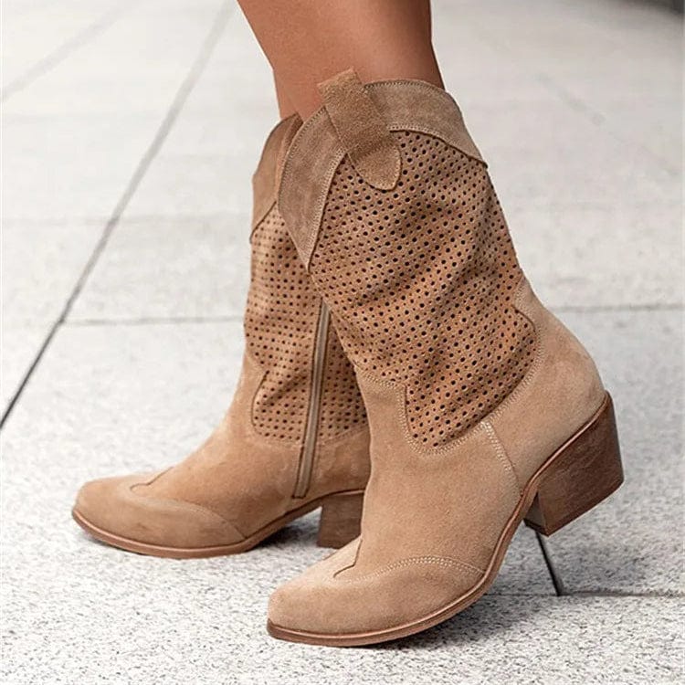 Women's Western Boots - Perforated Panel Design and Block Heel Detail